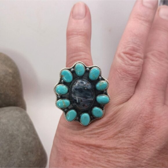 Pietersite Turquoise Cluster Ring Size 7 Statement Wide Hand Stamped Band - Picture 3 of 8